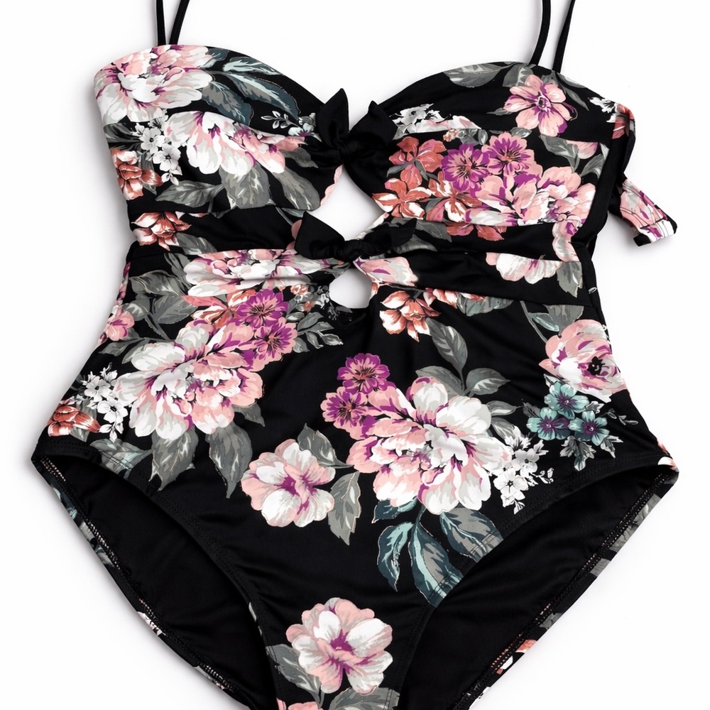 Elegant Floral Women's One Piece Swimsuit in Black and Pink